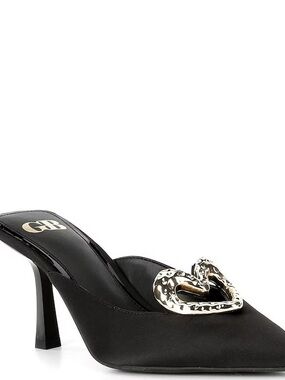 Black Satin Pointed-Toe Mule with Gold Heart Accent